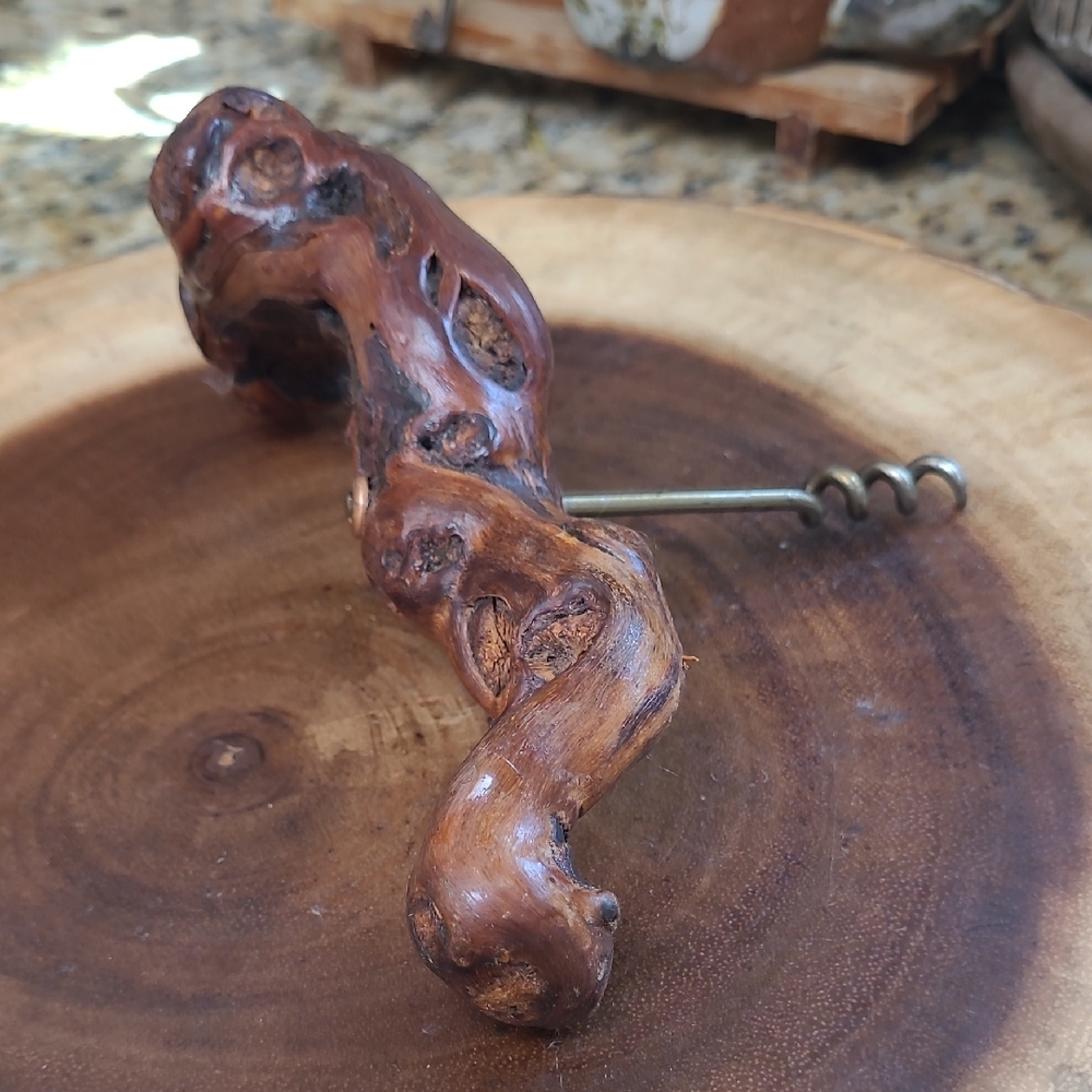 Vintage Burl Wood Corkscrew Bottle Opener